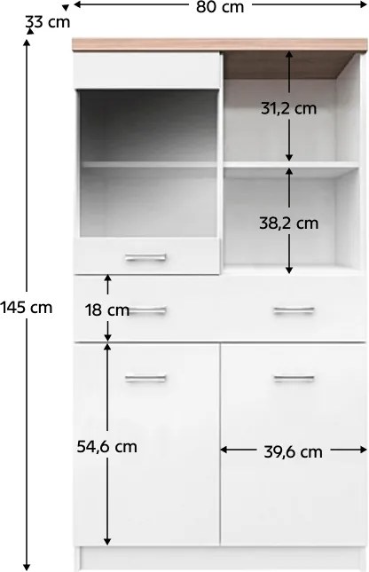 Vitrines szekrény 2D1W1S/80, fehér/tölgy sonoma, TOPTY TYP 02