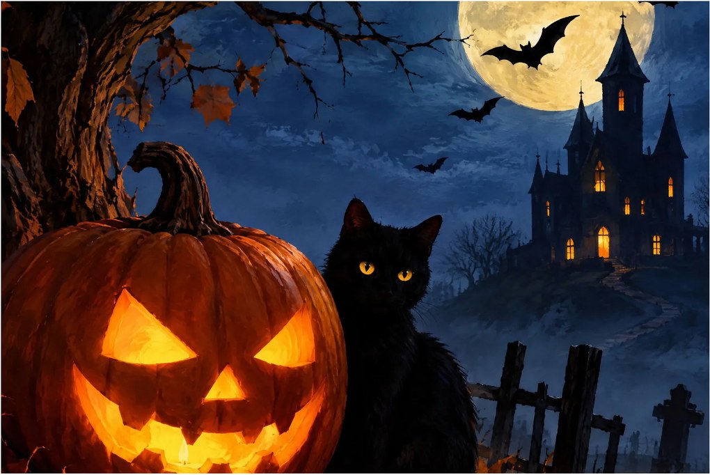 Kép - Fekete macska egy világító halloweeni tök mellett (90x60 cm)