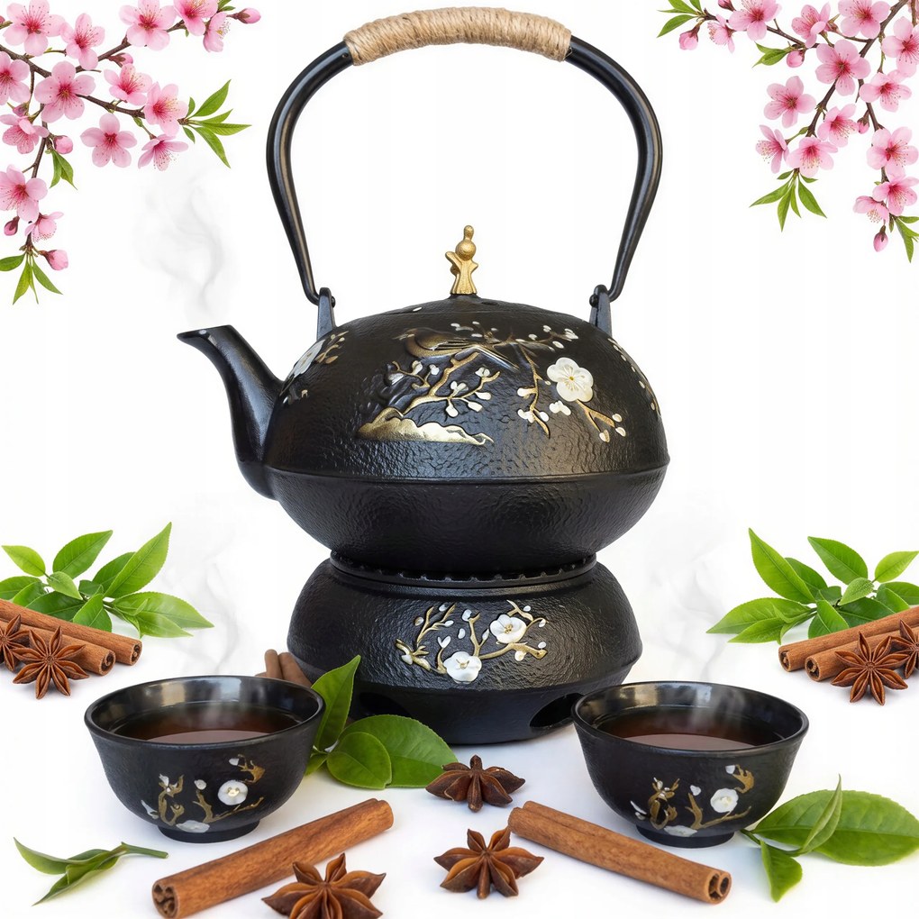 Öntöttvas Vízforraló 1L Gyógynövény Teafőző 2 Db Öntöttvas Csésze Melegítő