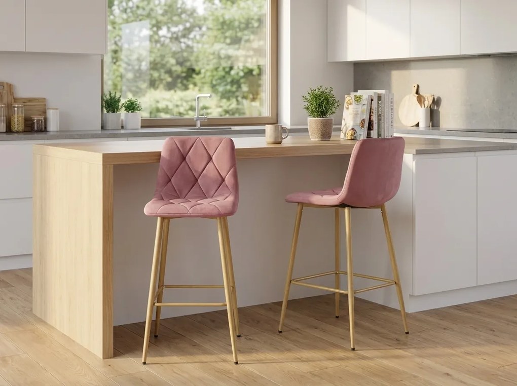 Sötét rózsaszín bárszék NADO VELVET tölgy hatású lábakkal