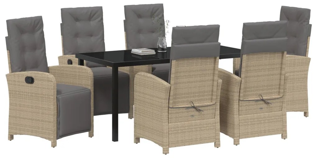 7 Darabos Kerti Étkezősor Párnákkal Bézs Poli Rattan, Kerti Asztal Fekete 160x80x73 cm Edzett Üveg