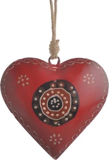 Medál szív fém piros-fekete fehér mintás juta zsinór 11,5 cm