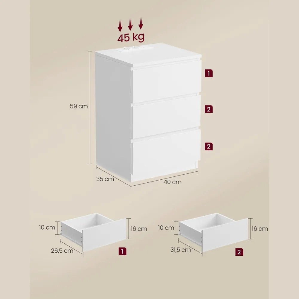 ZION éjjeliszekrény töltő funkcióval, 35x40x59 cm, fehér Vasagle