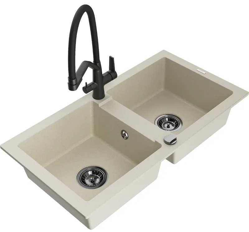 Mexen Mario 2 rekeszes gránit mosogató Duo konyhai csappal, bézs - 6504-69-671701-70-B