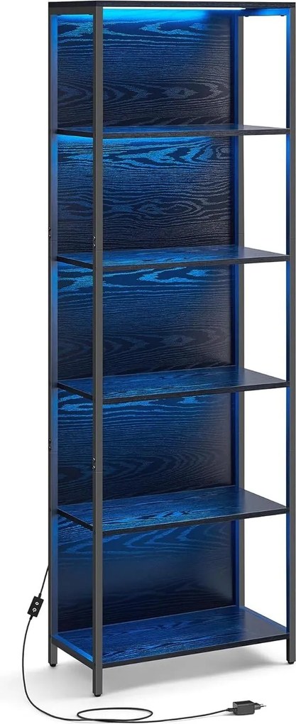6 szintes könyvespolc, álló polcrendszer állítható LED világítással, 30,3 x 60 x 178,6 cm