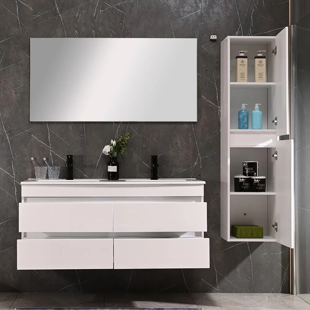 Cube 120 alsó fürdőszobabútor kerámia mosdóval 2 fiókos, magasfényű festett fehér