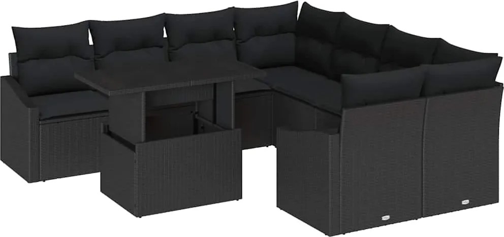vidaXL Kerti Kanapé Szett párnával 9 pcs Fekete polirattan