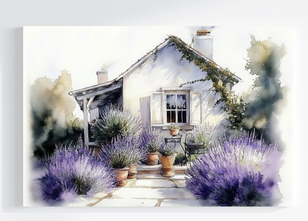 Vászonkép Canvas Tájkép Ház Kunyhó Kert Terasz Virágok Levendula 60x40