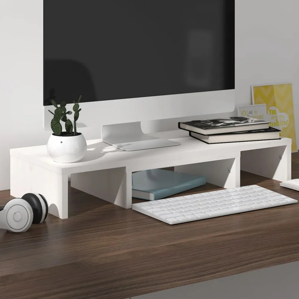fehér tömör fenyőfa monitorállvány 60 x 24 x 10,5 cm
