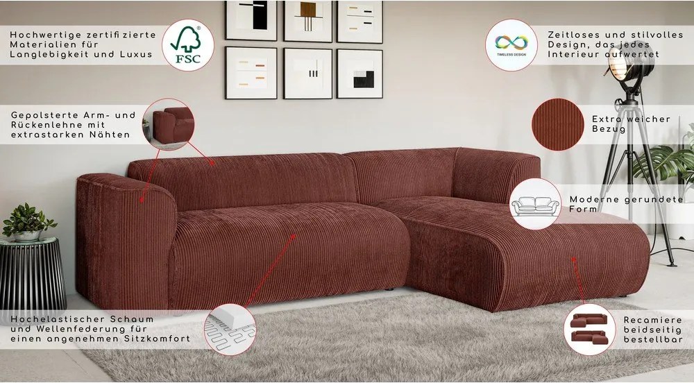 Terrakotta színű kordbársony sarokkanapé (jobb oldali-heverő résszel) Merid – Ropez