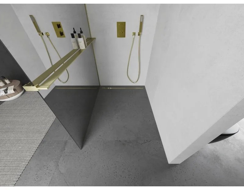 Mexen Kioto+, Walk-In zuhanyparaván polccal és akasztóval 110 x 200 cm, 8 mm-es tükörmintás üveg, arany matt profil, 800-110-121-55-50