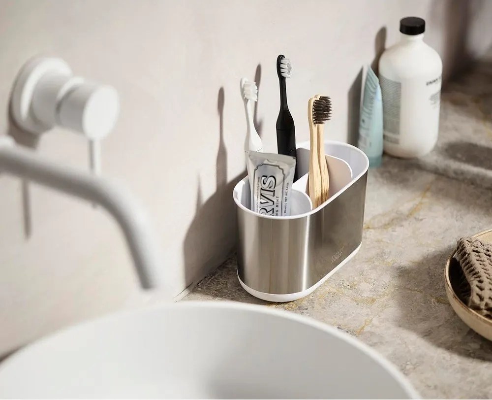 Ezüstszínű rozsdamentes acél fogkefetartó állvány Duo Steel – Joseph Joseph