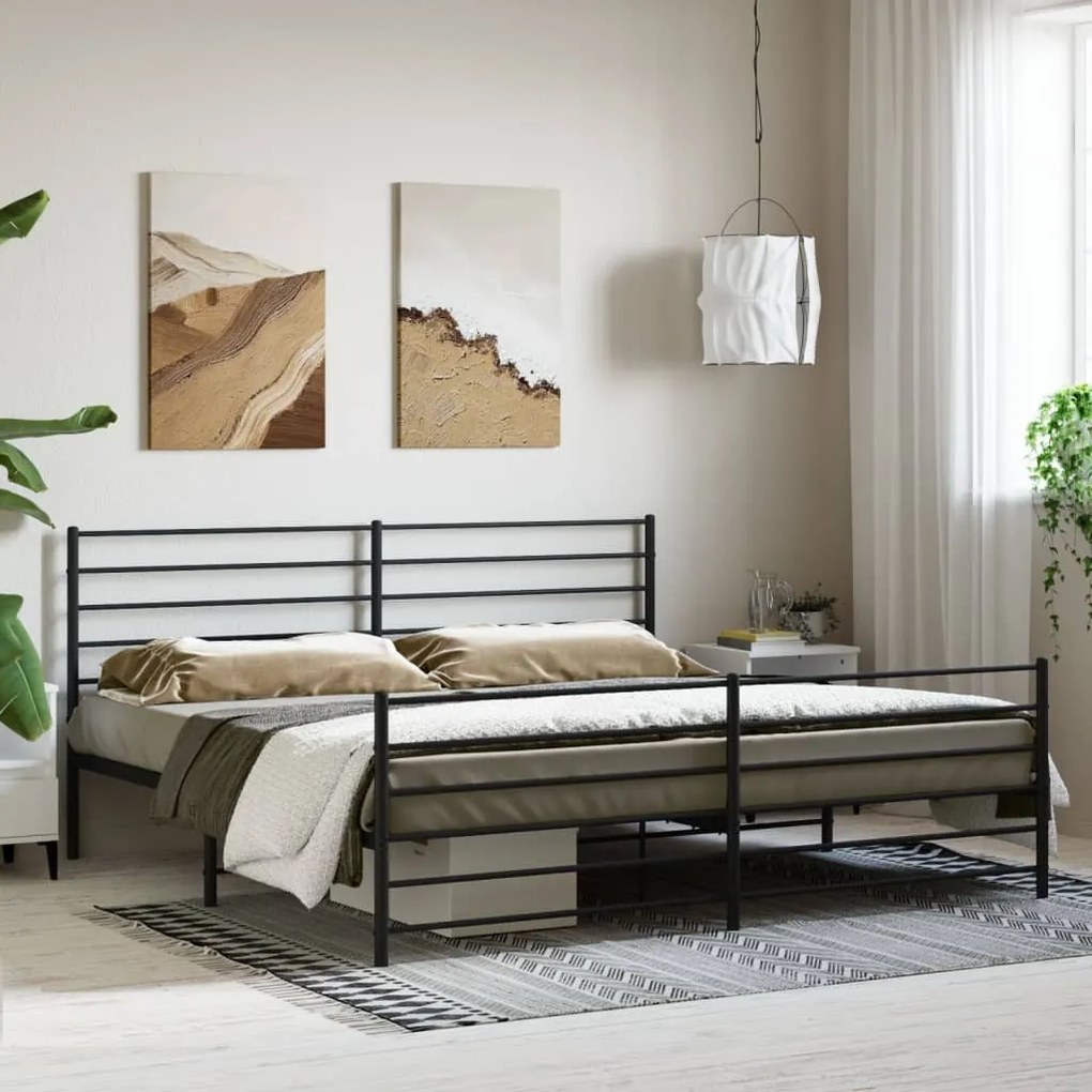fekete fém ágykeret fej- és lábtámlával 200 x 200 cm