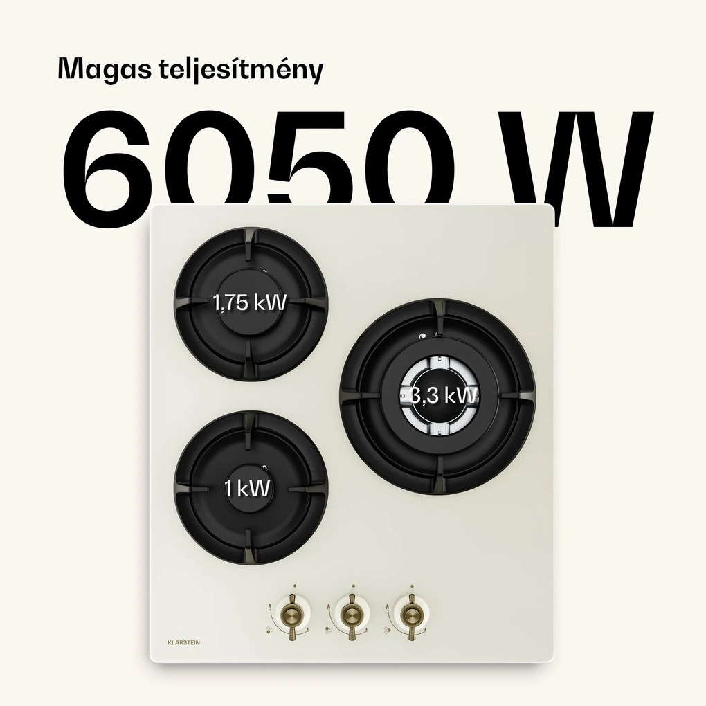 Klarstein Victoria gázfőzőlap | 3 alumínium égő | földgázzal és PB-gázzal kompatibilis | 6050 W | 45 cm