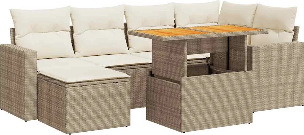 vidaXL 7 részes bézs polyrattan kerti ülőgarnitúra párnákkal