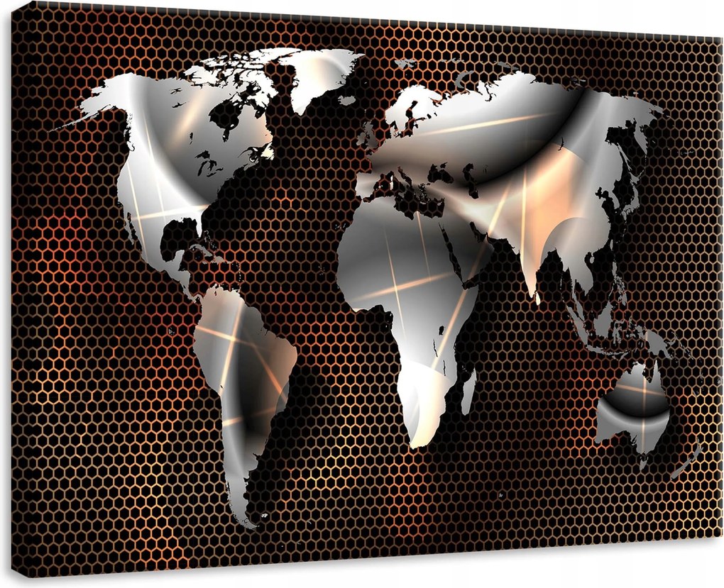 Vászonkép 70x50 Világtérkép metál ezüst szürke narancssárga hexagonális