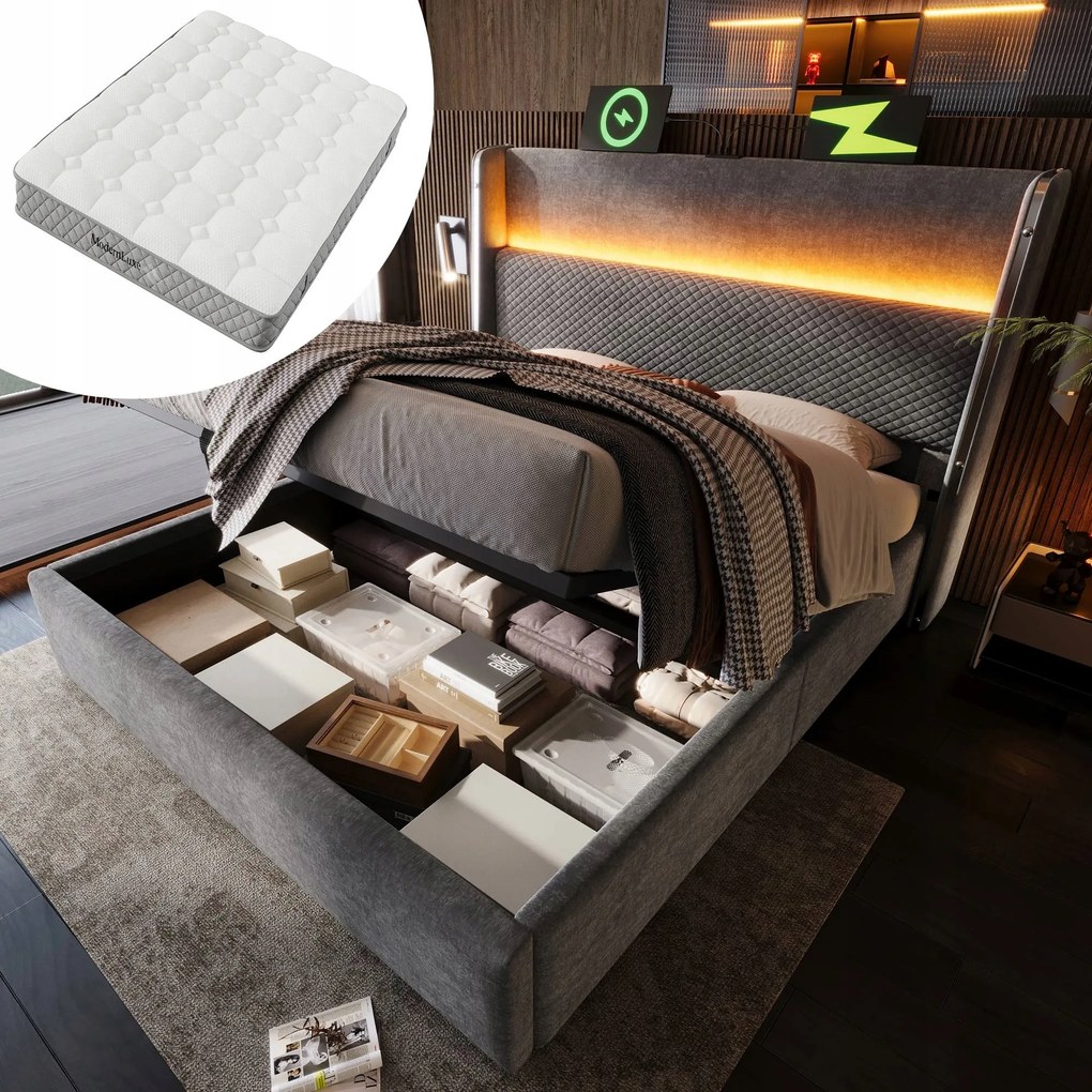 Egyszemélyes kárpitozott ágy Hidraulikus 180x200 Usb C Led szürke+Matrac