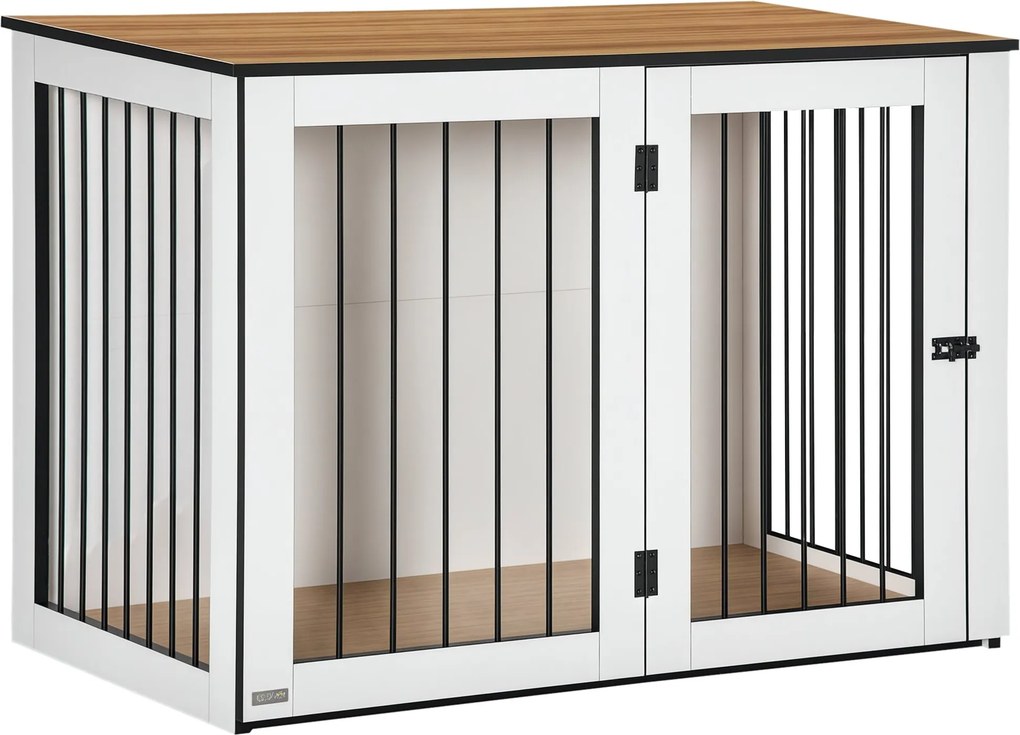 PawHut Modern Acél Kutya Ketrec Bútor Ablakos Ajtókkal Nagy Kutyák Számára, Maximum 30 kg-ig, 106 x 60 x 76 cm, Tölgy+Fehér | Aosom