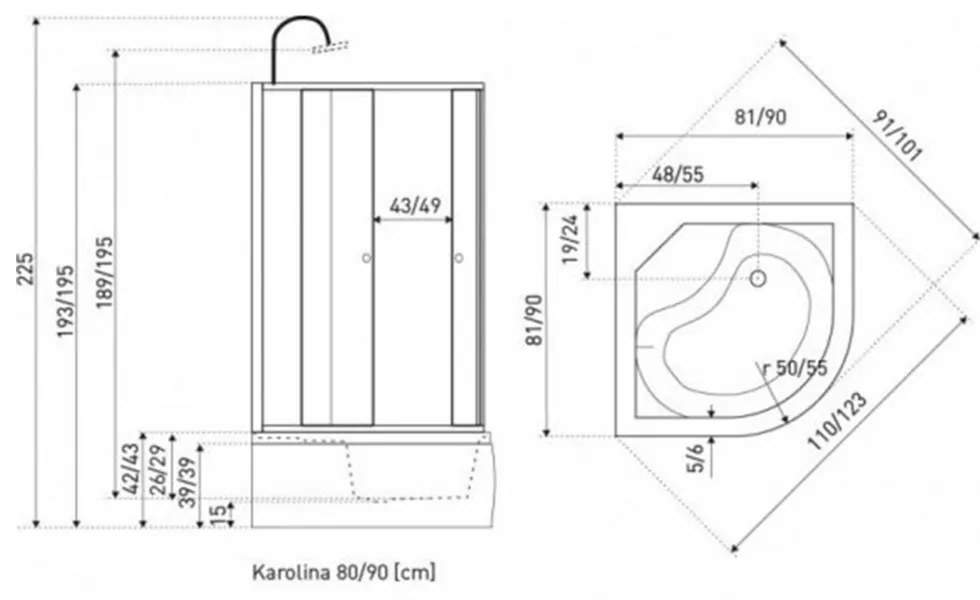 Karolina 90x90 cm íves mélytálcás hidromasszázs zuhanykabin