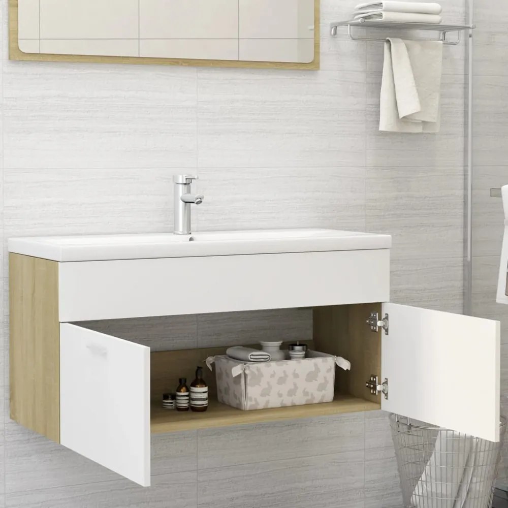 fehér és sonoma tölgy szerelt fa mosdószekrény 100x38,5x46 cm