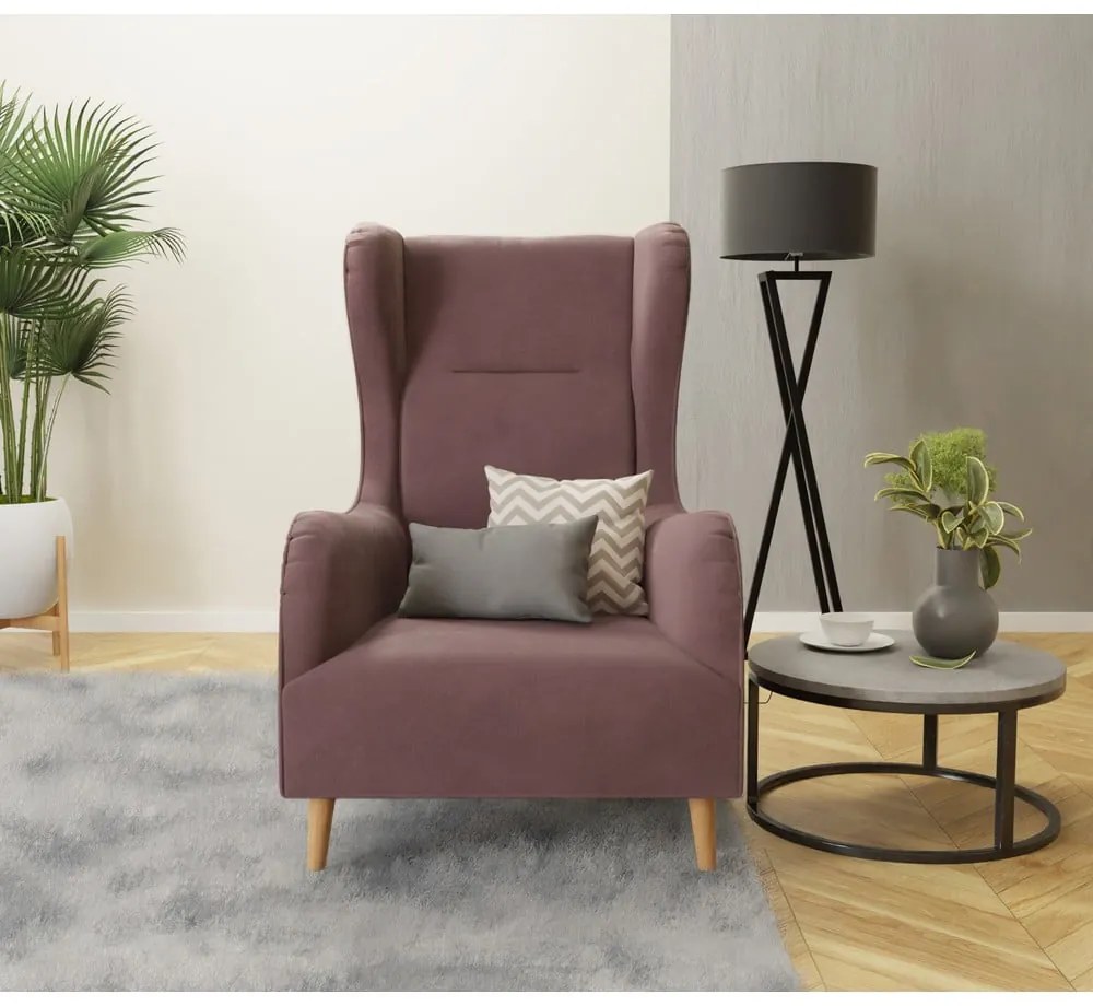 Rózsaszín bársony füles fotel Carole – Ropez