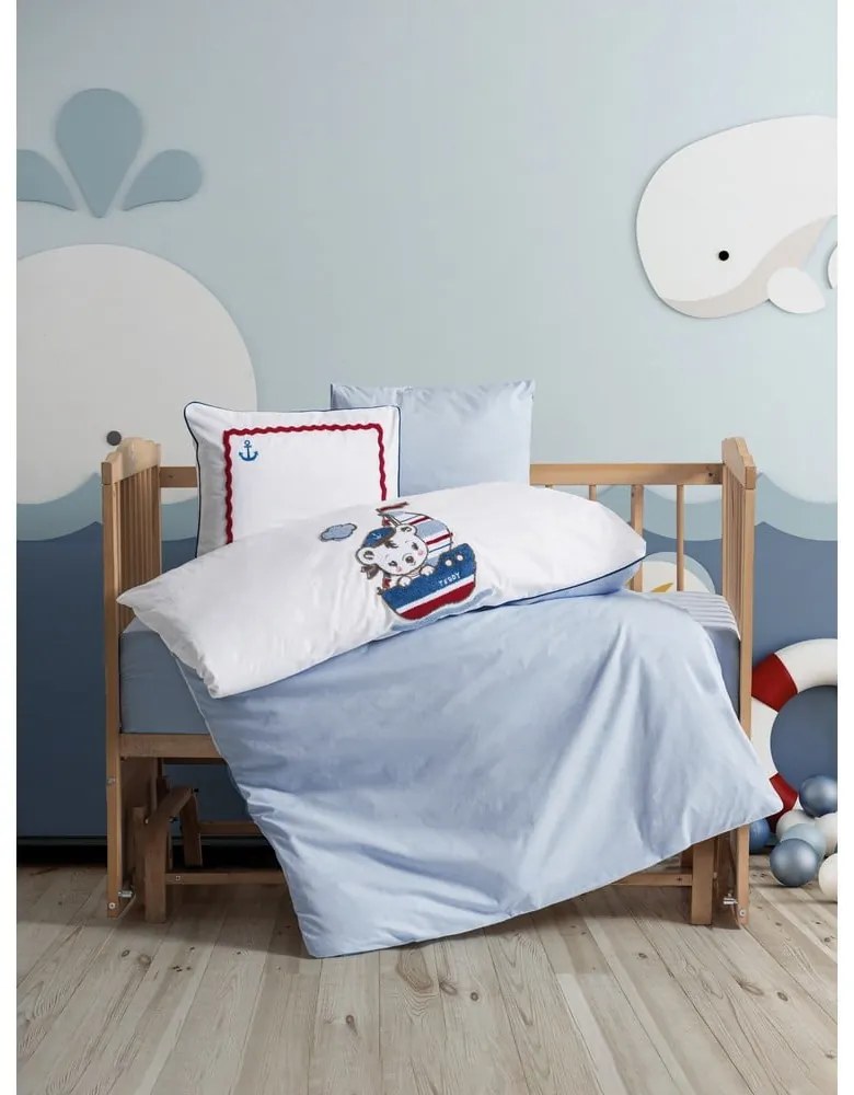 Fehér-kék négyrészes pamut gyerek ágyneműhuzat babaágyhoz lepedővel 100x150 cm Miniyo – Mijolnir