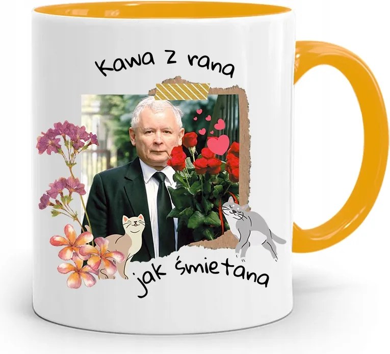 Sárga Vicces Bögre Jaroslaw Kaczynski felirattal, fényképpel