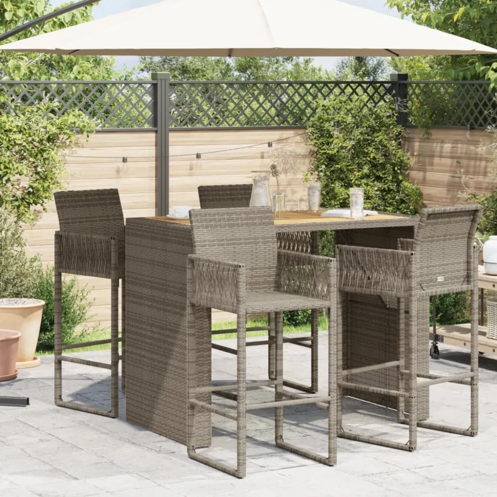 szürke polyrattan kerti bárasztal akácfa lappal 145x80x110 cm