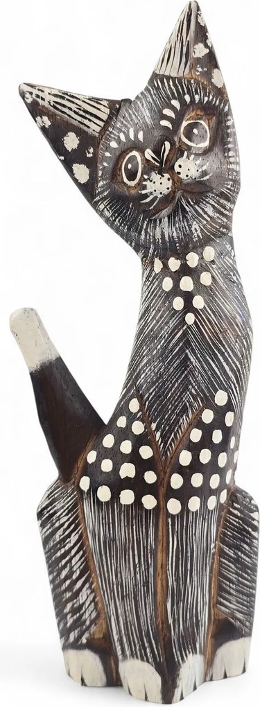 Cica Faragott Fa Díszes Macska Szobor Festett Figura *23 cm.
