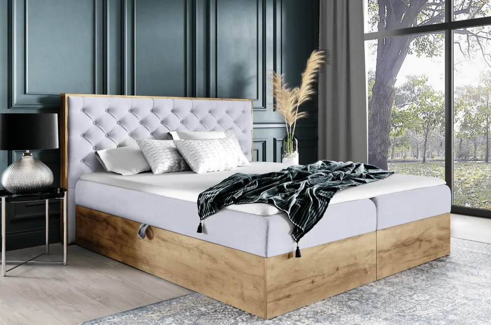 Boxspring ágy, 200x200, szürke Paros szövet/lancelot tölgy, WOOD 3