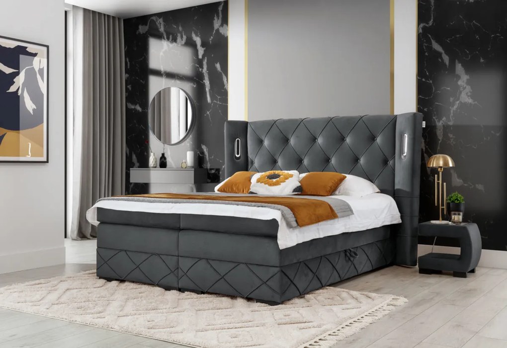 SONO kárpitozott boxspring ágy, 200x200, monolith 84