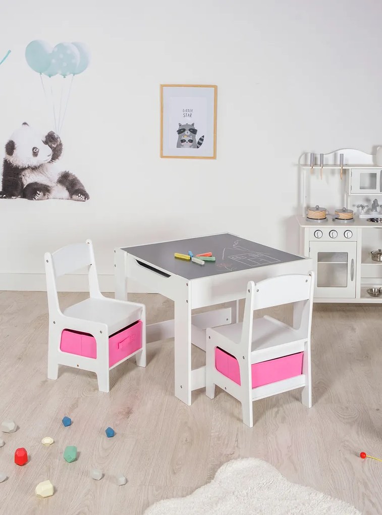 Ourbaby gyerekasztal székekkel, rózsaszín dobozokkal