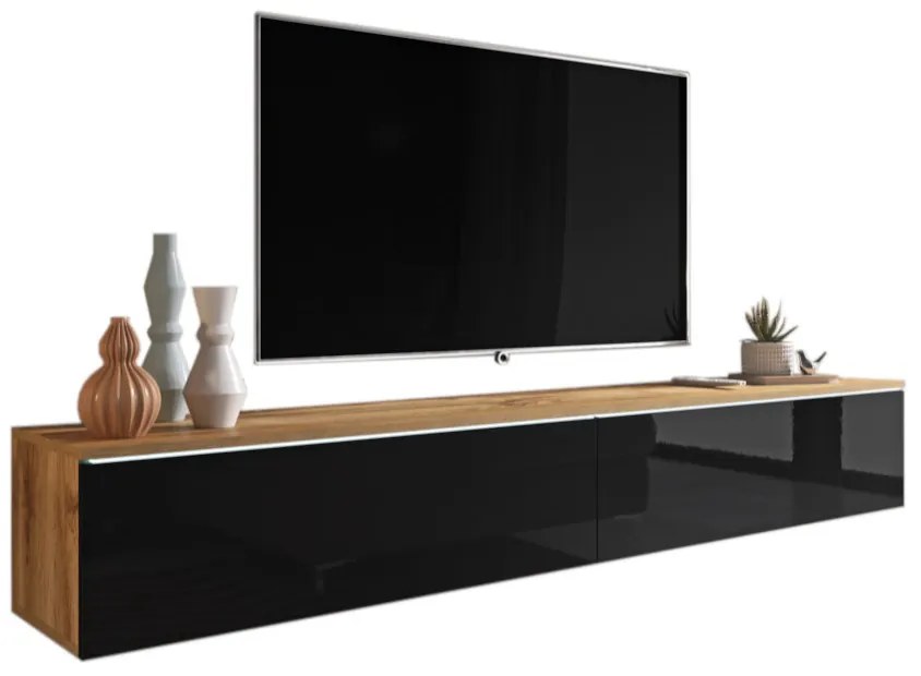 MENDES D 180 TV asztal, 180x30x32, tölgy wotan/fekete fényű + LED