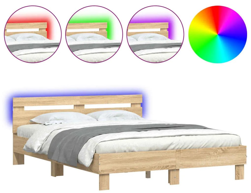 sonoma tölgy színű ágykeret fejtámlával és LED-del 140x190 cm