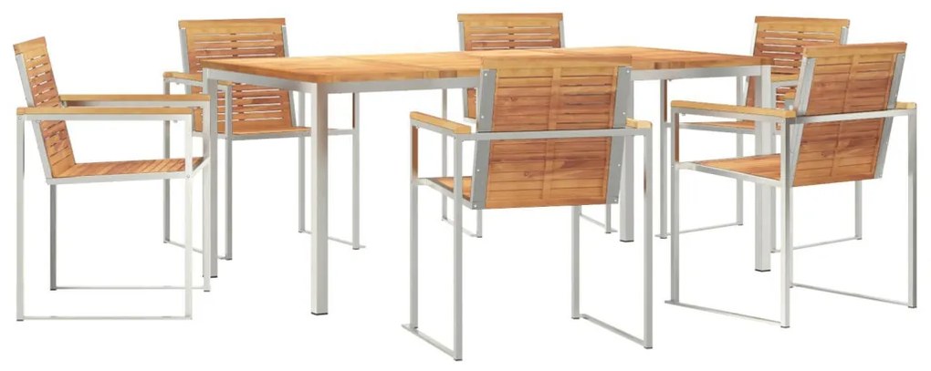 7 Részes Kerti Étkező Szett Tömör Fából Készült Tíkkal, Kültéri Étkezőasztal 180x90x75 cm Tömör Fából Készült Tíkkal