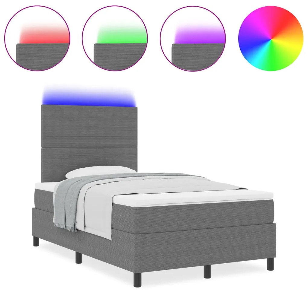 Box Spring Ágy Matraccal &amp; LED Világítás Szürke 120x200 cm Bordás Szövet