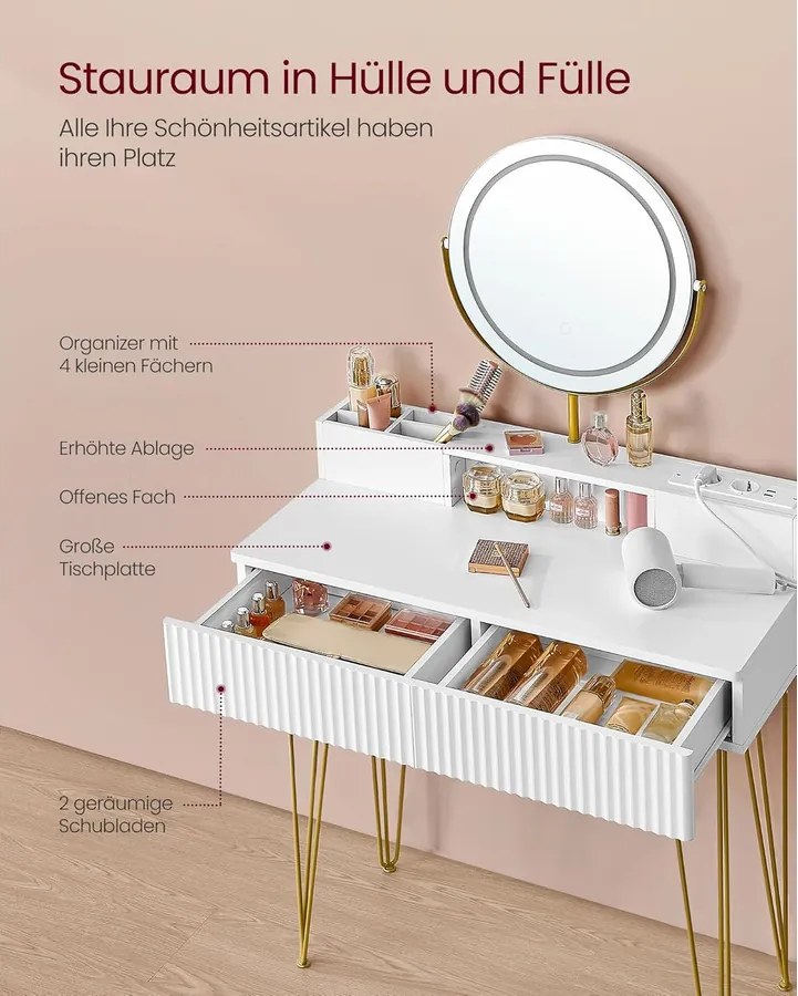 VASAGLE fésülködőasztal LED világítással és puffal, fehér/arany, 80 cm