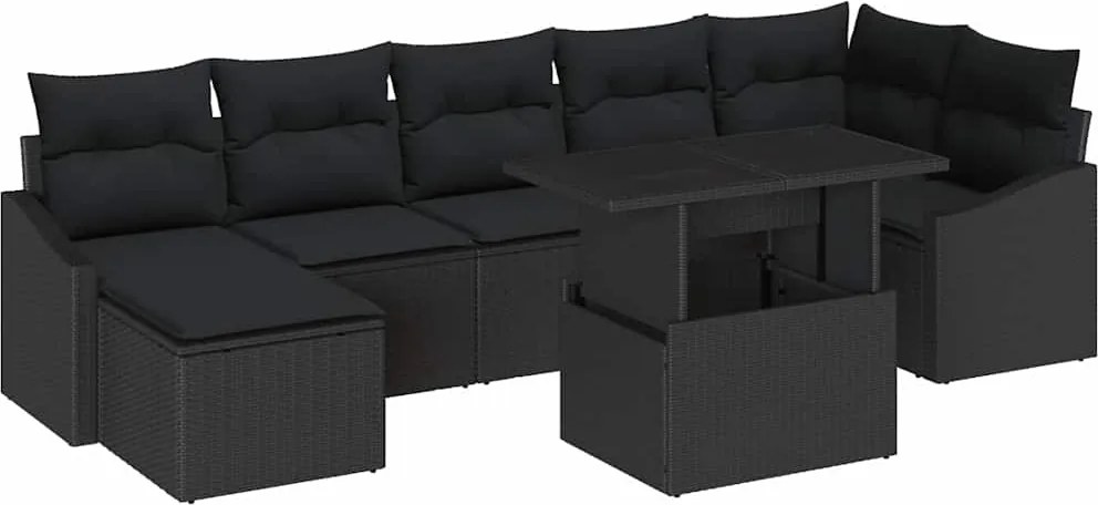 vidaXL Kerti Kanapé Szett 8 pcs Fekete Poli rattan és porfestett acél