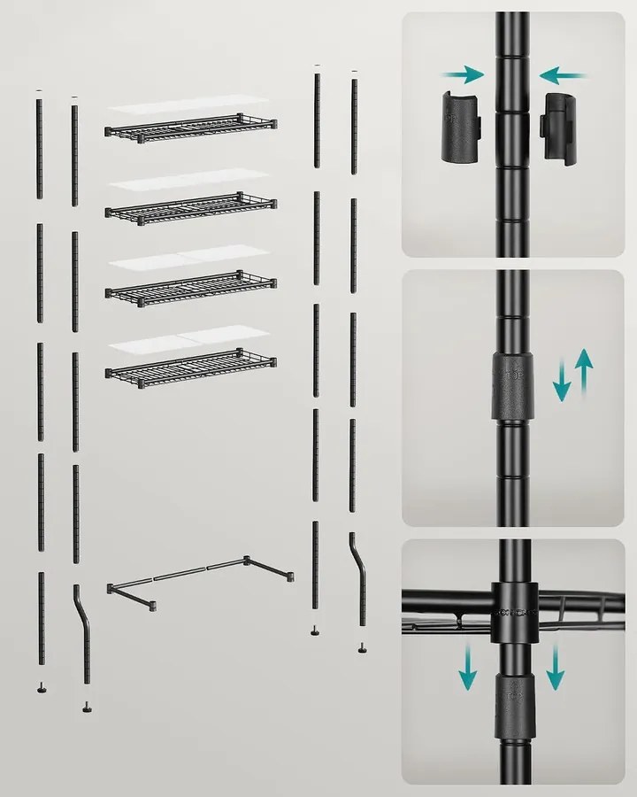 SONGMICS 4 Szintes WC feletti Állvány Akasztókkal és Toalettpapír-tartóval, 30 × 63 × 176 cm, Fekete