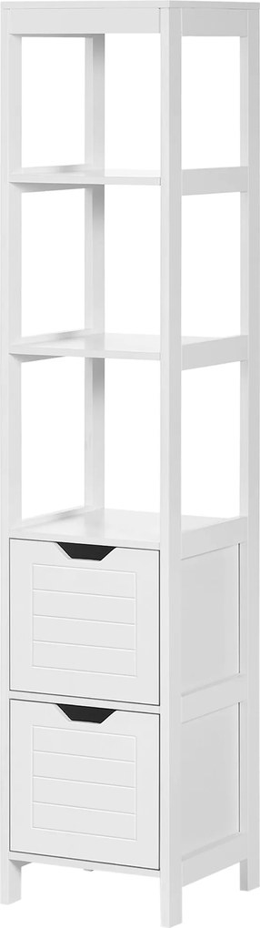 Kleankin Magas, Többfunkciós Fürdőszobai Szekrény, 3 Nyitott Polccal és 2 Tároló Fiókkal, Döntésgátló Design, 30x30x144 cm, Fehér | Aosom