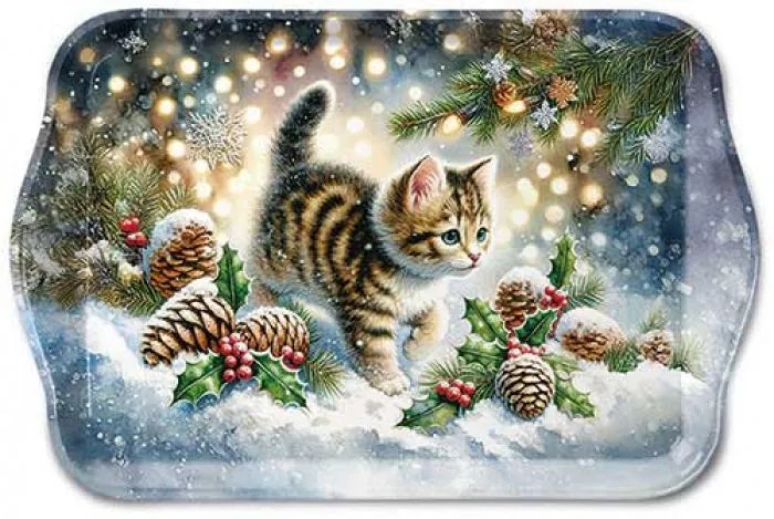 Karácsonyi cicás műanyag kis tálca 13x21 cm Cute cat in the snow