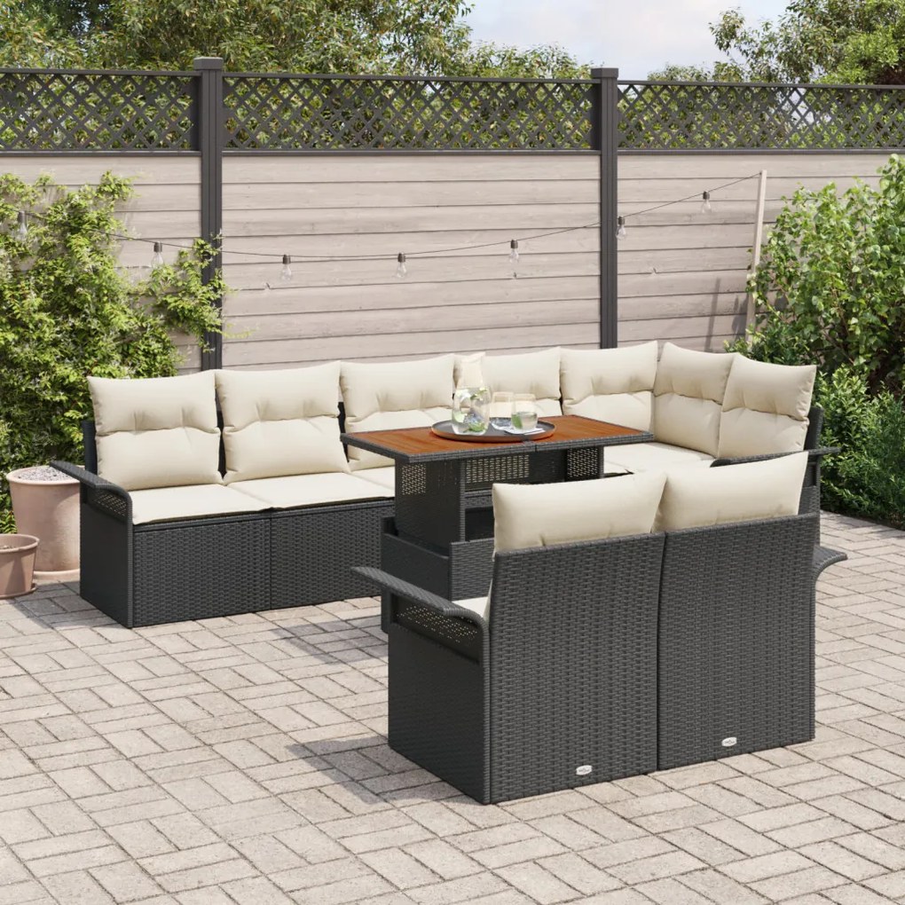9 Darabos Kerti Sofa Szett Párnákkal Fekete Poli Rattan
