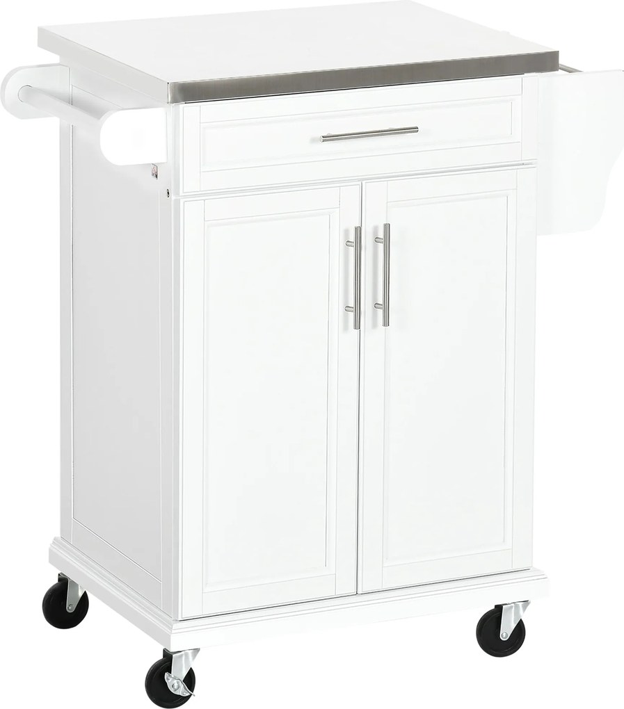 HOMCOM Modern Konyhai Sziget Szekrény 4 Kerekével 1 Fiókkal 1 Törölközőtartóval 1 Fűszertartóval és Állítható Polccal 83.5x45.7x90.5 cm Fehér | Aosom