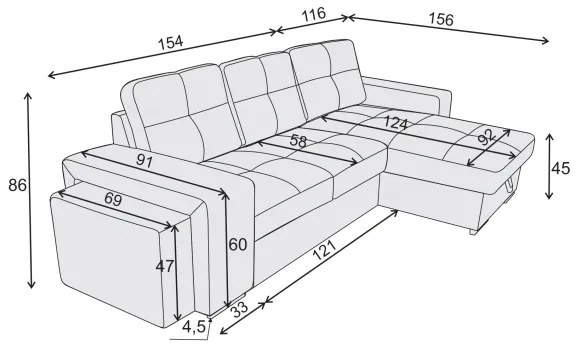 PALERMO ággyá alakítható kanapé tárolóval és puffal, világosszürke, balos kivitel