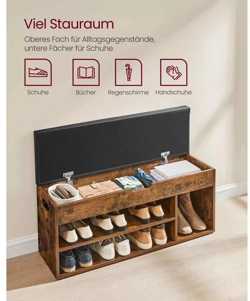 Cipőtároló pad, párnázott ülőfelülettel, felnyitható, rusztikus barna 100x30x44cm