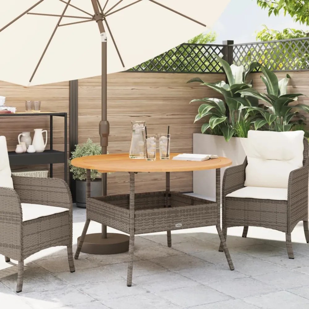 szürke polyrattan kerti asztal akácfa lappal Ø110 x 71 cm
