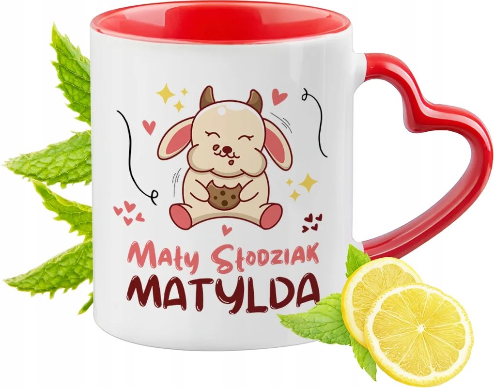 Piros bögre szív alakú füllel Matildának Ajándék