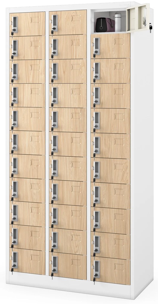 33 rekeszes irattároló szekrény, fehér/sonoma tölgy, 900x1850x450 mm: OLIVER Eco Design