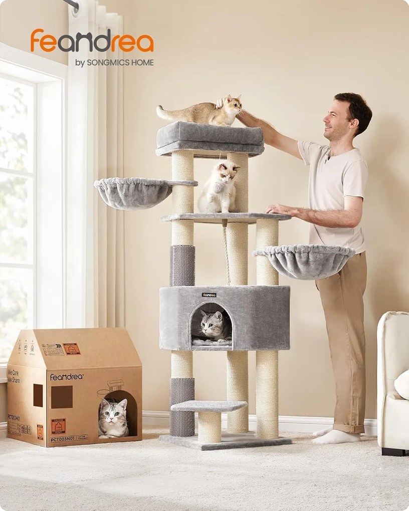 Feandrea stabil macskabútor önápoló kefével és 9 kaparófával, 160 cm