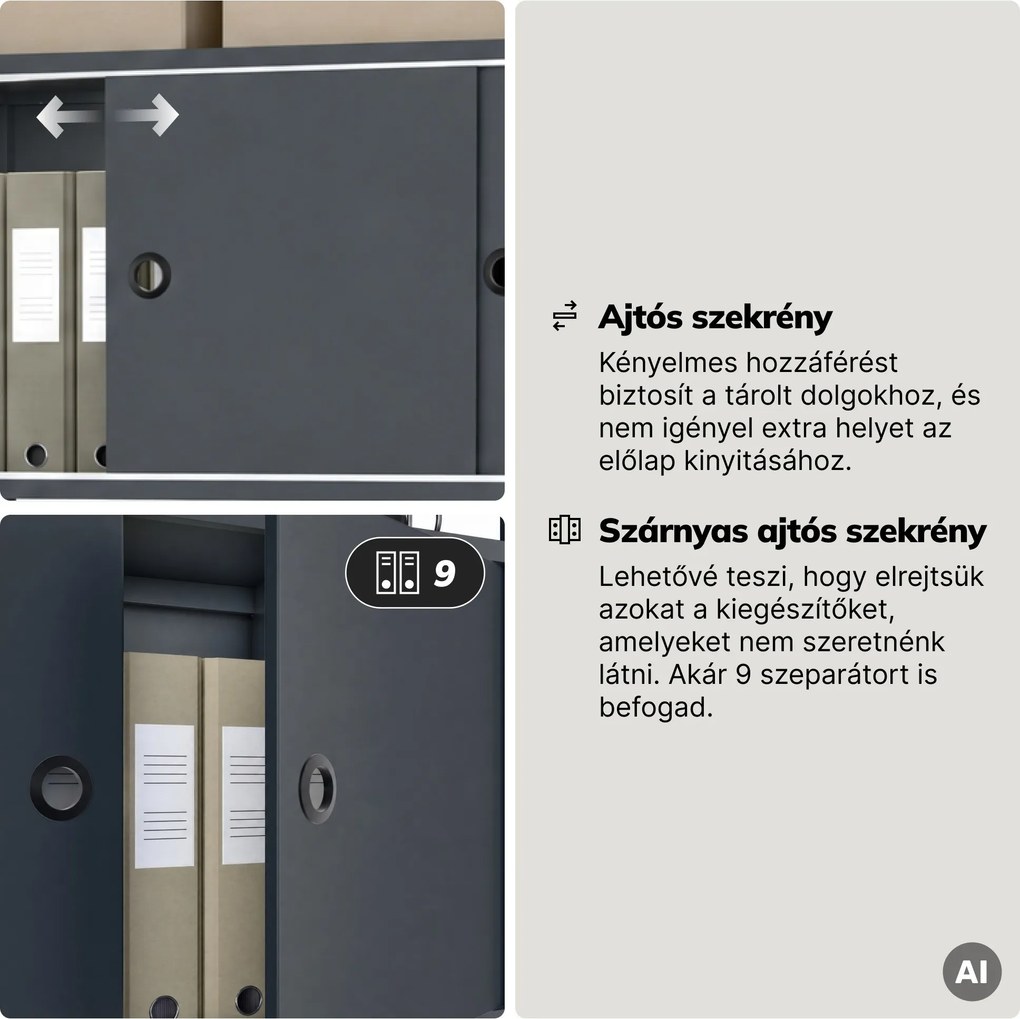 Iratrendező polc zárható szekrénnyel, irodai, nyitott polcok, fém antracit, 800x2200x400 mm: ARIEL